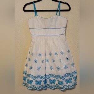 Three Pink Hearts Junior's Sz 7 Spaghetti Strap Blue White Embroidered Dress